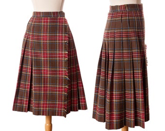 Vintage 1970s Tartan Plaid Skirt, Brown and Red 70s Wrap Skirt by Bobbie Brooks size X-Small