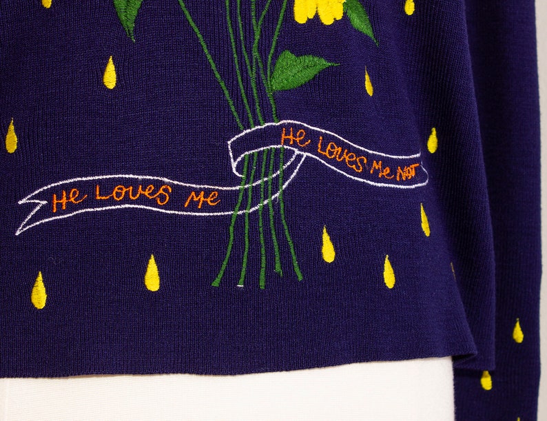 70s Floral Sweater He Loves Me Not Knit Pullover Medium 1970s Vintage Novelty Sweater