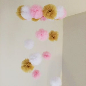 pom pom baby mobile, Available in other colors, puffball baby mobile, pom pom nursery, pink and gold nursery, baby boy mobile, baby mobile