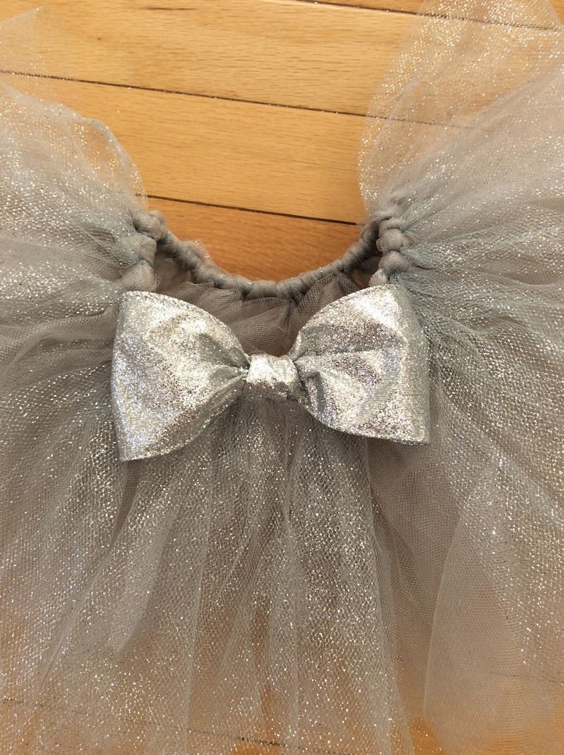 May include: A silver glitter tulle tutu skirt with a matching bow. The skirt is made of layers of shimmering tulle, gathered at the waist. The bow is made of a shiny silver material and is centered on the front of the skirt.