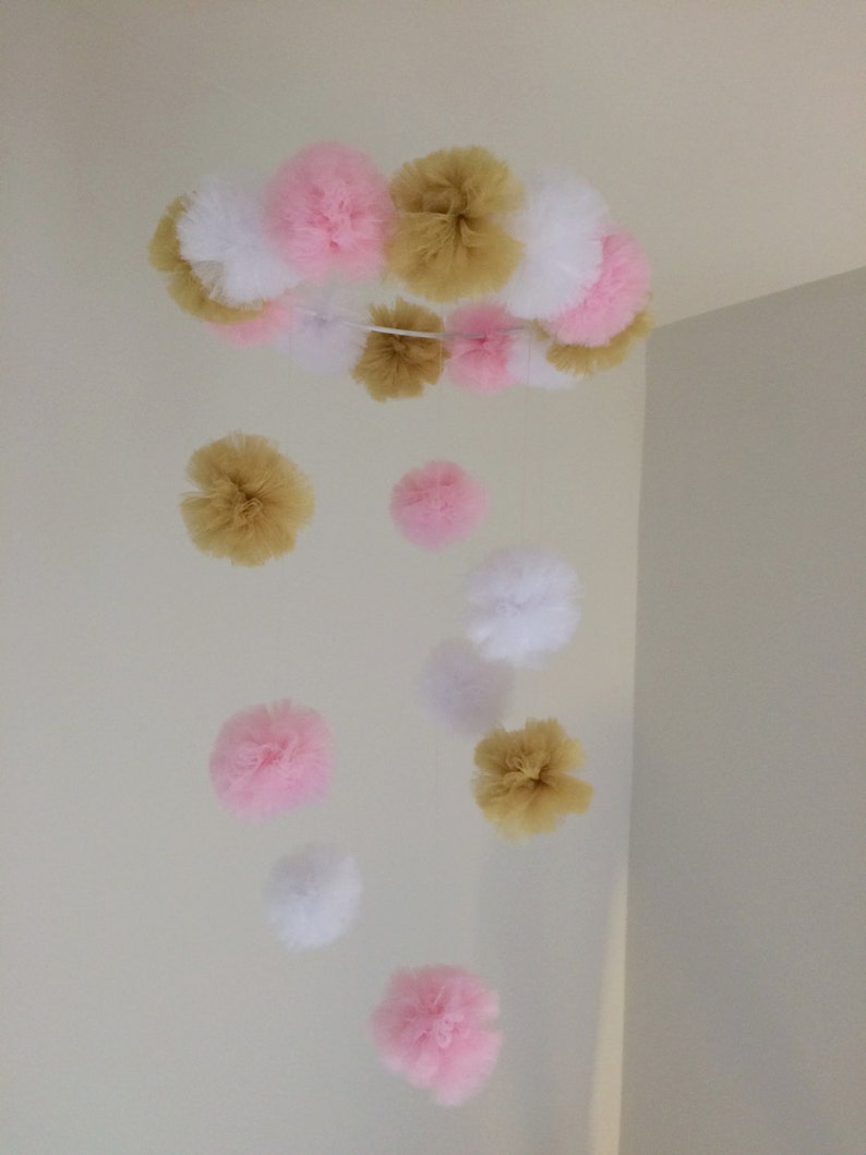 Available in other colors puffball baby mobile pink and gold nursery pom pom baby mobile baby mobile baby boy mobile pom pom nursery