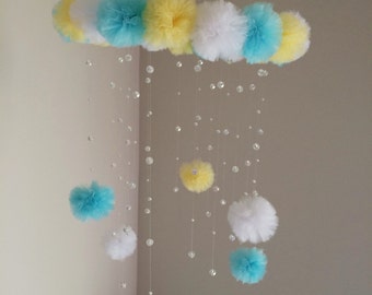 blue and yellow crystal baby mobile, princess baby mobile, princess decoration, baby mobile, baby girl mobile, blue mobile, puffball mobile