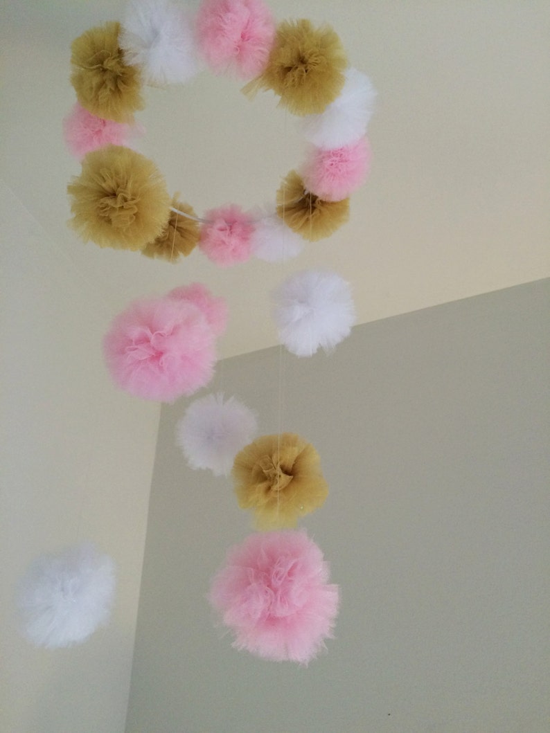 Available in other colors puffball baby mobile pink and gold nursery pom pom baby mobile baby mobile baby boy mobile pom pom nursery