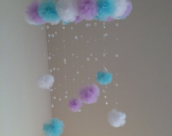 blue and purple crystal baby mobile, princess mobile, pom pom mobile, baby mobile, baby girl mobile, puffball mobile, mobile with letter