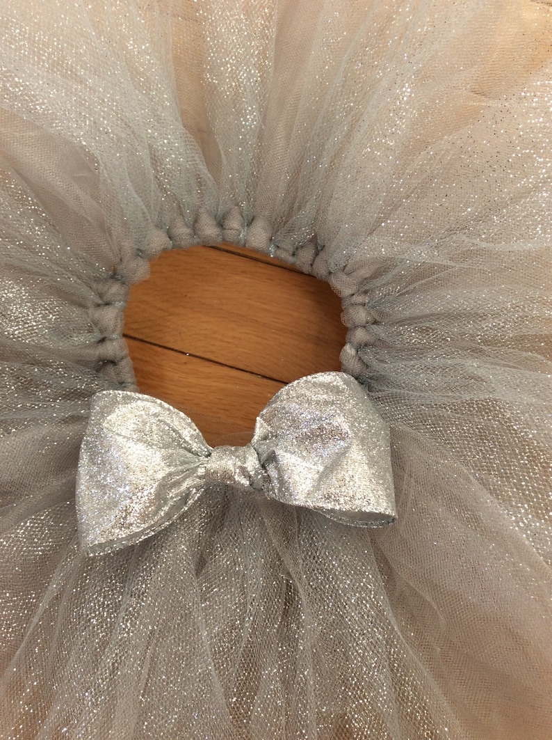 May include: A silver glitter tulle tutu skirt with a matching bow. The skirt is made of layers of shimmering fabric, perfect for dance or dress-up. The bow is centered on the front of the skirt.