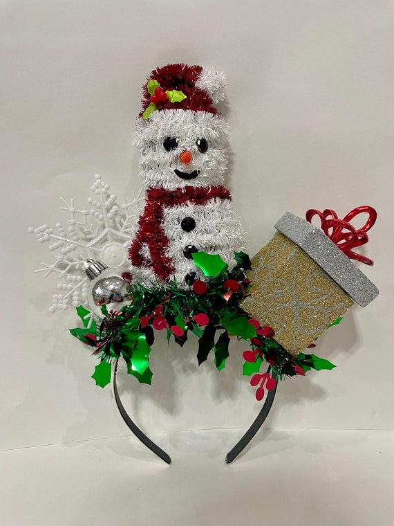 Festive Snowman Headband with Red & Green Tinsel Christmas Headbands for Girls: Snowman, Tree, Bow, Antler  main image 4