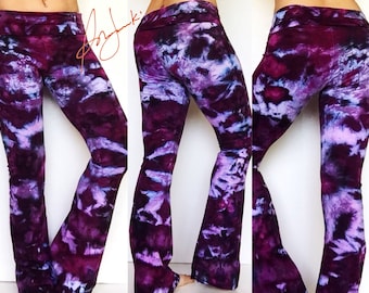 Womens Yoga Pants, Festival Leggings, Tie Dye Stretch, Cotton Full length  Exercise Pant, Fold Over, Flared Tights, Gym Pants, Workout Pants