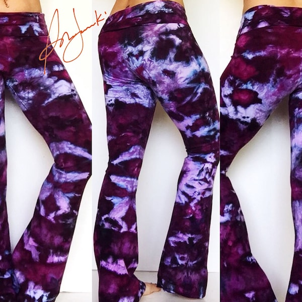 Womens Yoga Pants, Festival Leggings, Tie Dye Stretch, Cotton Full length  Exercise Pant, Fold Over, Flared Tights, Gym Pants, Workout Pants