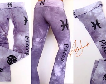 Astrology leggings, Zodiac Birthday Gift, Long Leggings, Tie Dye, Full length, Fold Over Waist, Horoscope Leggings, Pants, Workout Pants