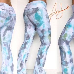 Womens Leggings, Abstract Tie Dye, Graffiti Long Pants, Full length Yoga Exercise Pant, Fold Over Waist, Flared leg, Tights, Gym Workout Pan image 1