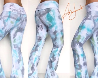 Womens Leggings, Abstract Tie Dye, Graffiti Long Pants, Full length Yoga Exercise Pant, Fold Over Waist, Flared leg, Tights, Gym Workout Pan