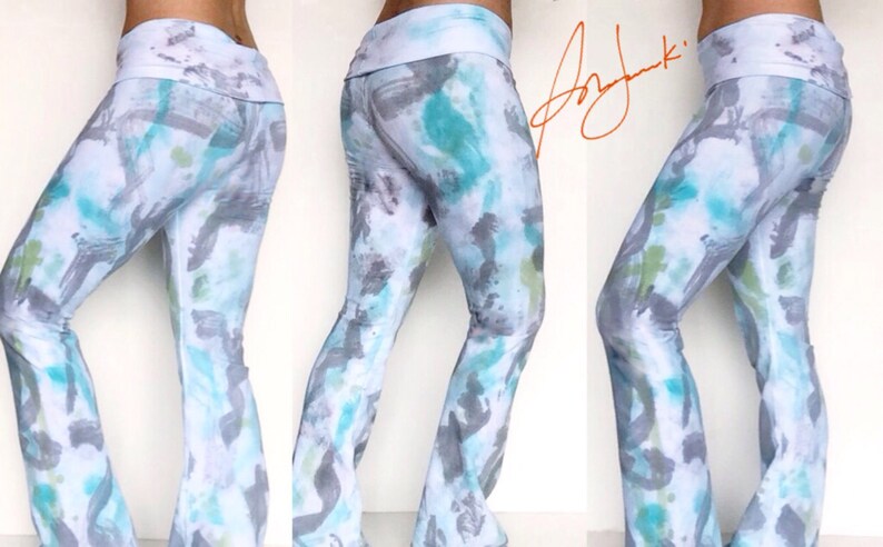 Womens Leggings, Abstract Tie Dye, Graffiti Long Pants, Full length Yoga Exercise Pant, Fold Over Waist, Flared leg, Tights, Gym Workout Pan image 1