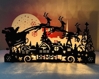 Decoración navideña personalizada, decoración personalizada de Papá Noel, trineo y reno, decoración navideña, decoración navideña, marco para velas
