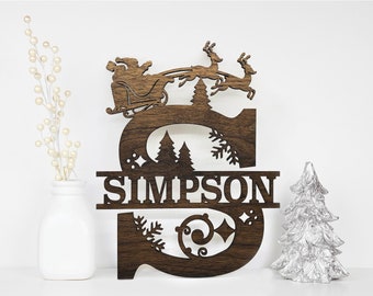 Letrero navideño con monograma, decoración navideña de pared personalizada, Papá Noel, decoración navideña,