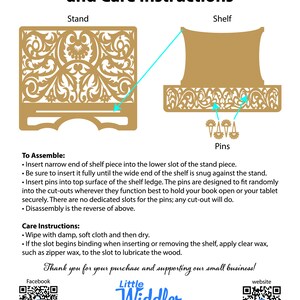 May include: Instructions for assembling and caring for a wooden book stand. The stand features a decorative, intricate design with a shelf and pins for holding books or tablets. The instructions include steps for assembling the stand and tips for cleaning and maintaining the wood.
