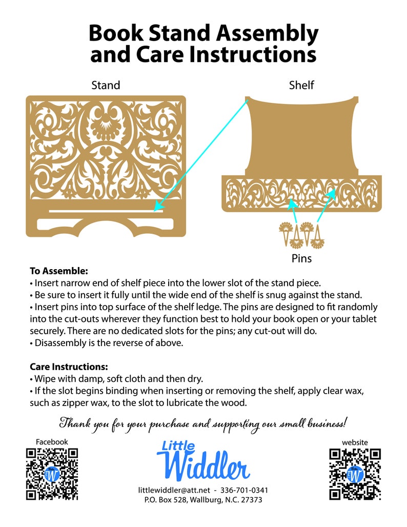 May include: Instructions for assembling and caring for a wooden book stand. The stand features a decorative, intricate design with a shelf and pins for holding books or tablets. The instructions include steps for assembling the stand and tips for cleaning and maintaining the wood.