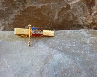 American Flag Patriotic Small Tie Clip with Red White and Blue Rhinestones July 4