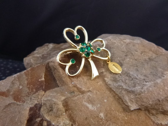 Shamrock with Green Rhinestones and Religious Medal Vintage Brooch | St Patrick’s or Any Day Pin | Beatrix pre-1975