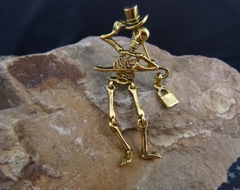 Articulated Skeleton with Trick or Treat Bag Vintage Halloween Pin | Spooky Fun Halloween Pin | Dangling Skeleton