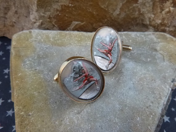 Figure Skating Cuff Links Mid Century Reverse Painted Under Crystal Intaglio Ice Skating Themed Vintage Cufflinks