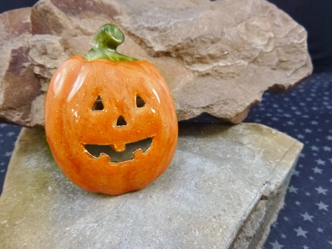 Halloween Happy Smiling Jack O Lantern Vintage Brooch | Orange Glossy ...