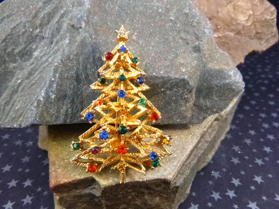Vintage ART Signed Collectible Christmas Tree Pin with Rhinestones | Book Piece