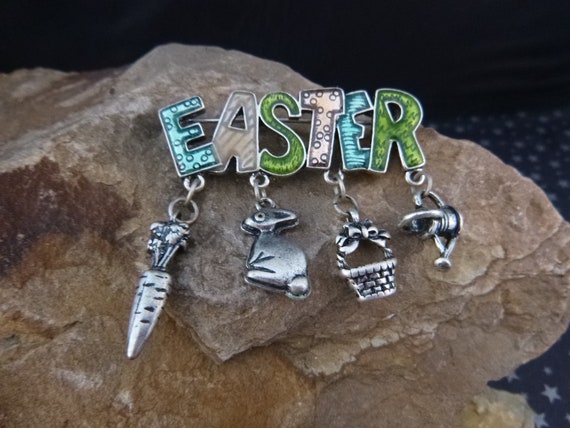 Easter Vintage Pin with Dangling Charms | Carrot Bunny Basket Watering Can | Whimsical Easter Brooch