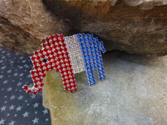Republican Elephant Patriotic Dorothy Bauer Red White and Blue Rhinestone Sparkling Vintage Pin | New Old Strock