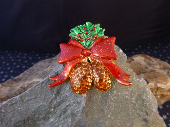 Festive Holiday Season Vintage Brooch | Red Ribbon Pinecone Holly| Danecraft