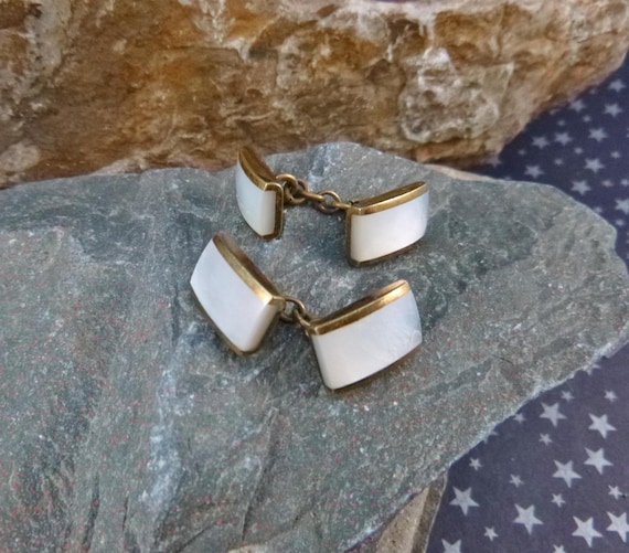 Antique Double-Sided Mother of Pearl Curb Chain Rectangular Cuff Links | Book Piece Circa 1900 | Old World Elegance