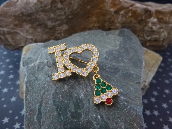 Love Christmas? I Love Christmas Rhinestone Vintage Pin | I Heart Christmas Tree Pin | Red Green and White Christmas Brooch