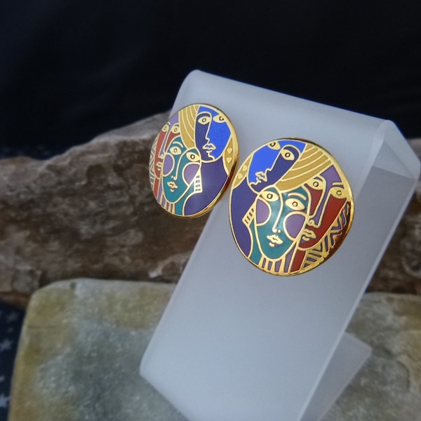 Laurel Burch “Woman Spirit” 1993 Cloisonné Enamel Round Vintage Pierced Earrings