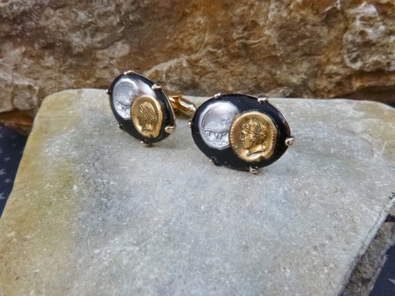 Hickok Roman Coin Vintage Cuff Links |  Encased Ancient Coins in Lucite Oval Cufflinks