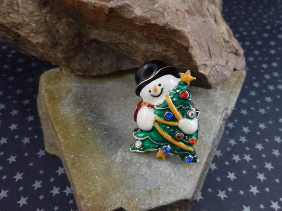 Adorable Snowman Hugging Christmas Tree Vintage Pin | Festive Fun Holiday Brooch |  Christmas Tree with Happy Snowman