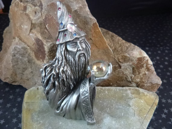 Wizard with Crystal Ball Large Pewter Figural Pewter Brooch Signed J.J. (Jonette) Book Piece circa l980s