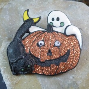 Vintage Halloween Black Cat and Ghost with Glittery Pumpkin Pin image 3