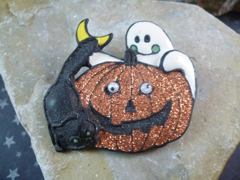 Vintage Halloween Black Cat and Ghost with Glittery Pumpkin Pin image 3