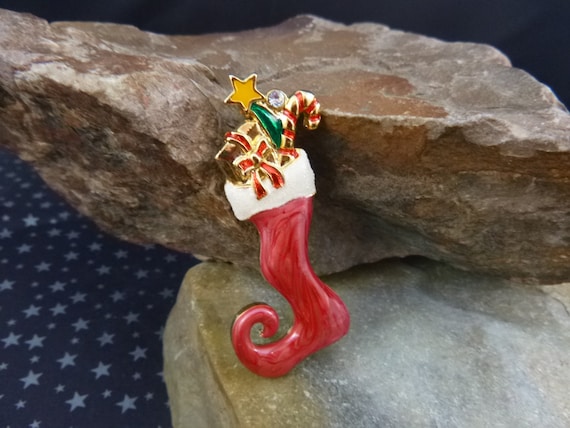 Whoville Style Christmas Vintage Stocking Pin | Candy Cane, Presents, Star | Whimsical Stocking Brooch