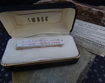 Swank Working Slide Rule Tie Bar Mid Century Vintage Engineer Techie Tie Clip in Original Box with Directions