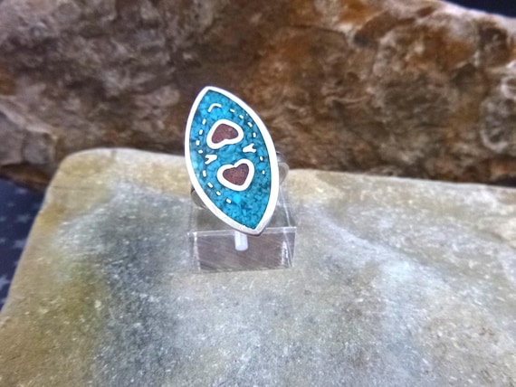 Southwest Silver and Turquoise Two Heart Vintage Size 4 Ring | Pinkie Ring