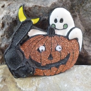 Vintage Halloween Black Cat and Ghost with Glittery Pumpkin Pin image 1