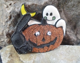 Vintage Halloween Black Cat and Ghost with Glittery Pumpkin Pin