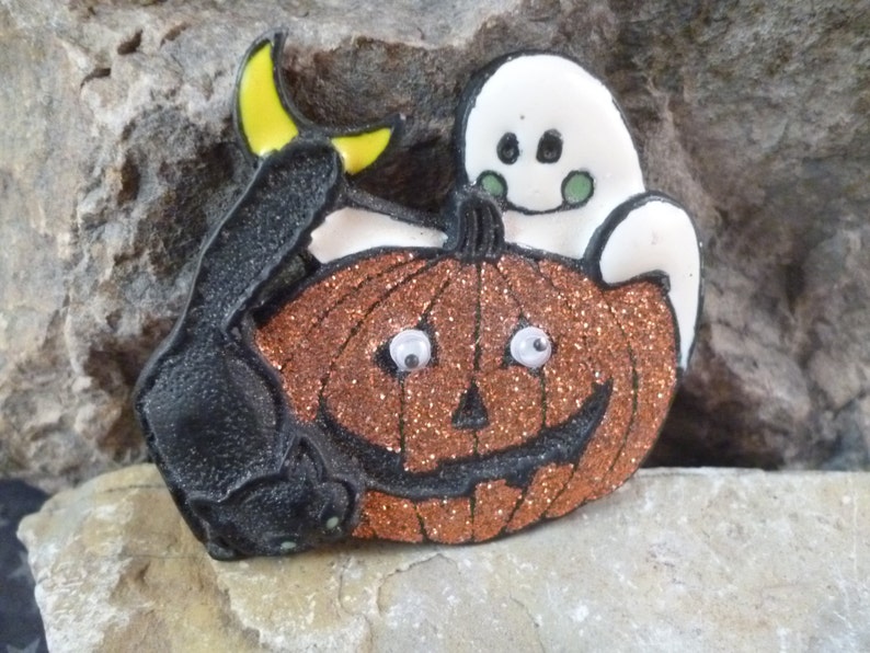 Vintage Halloween Black Cat and Ghost with Glittery Pumpkin Pin image 1