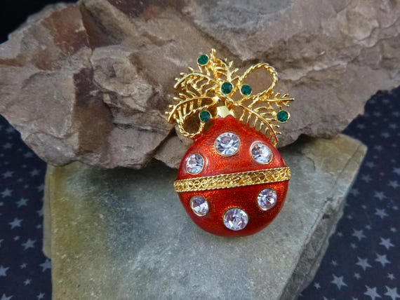 Christmas Ornament on Branch Vintage Brooch | Red Large Ball Ornament with Rhinestones | Holiday Pin