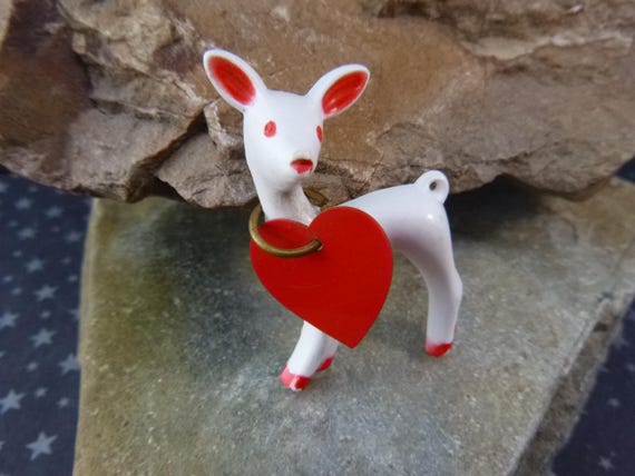 1950s What a Dear You Are Valentine’s Day Thermoset Plastic Deer with Red Heart Vintage Pin | Book Piece
