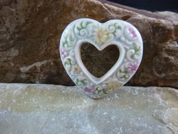 Vintage Porcelain Heart Brooch with Raised Pastel Flowers Double Heart Within a Heart Style