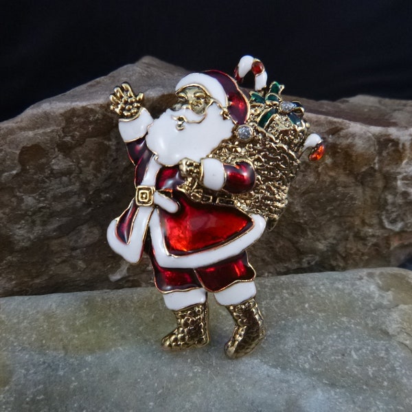 Old Fashioned Santa Claus Vintage Brooch | Santa Bringing Bag of Christmas Presents | Timeless Santa Pin