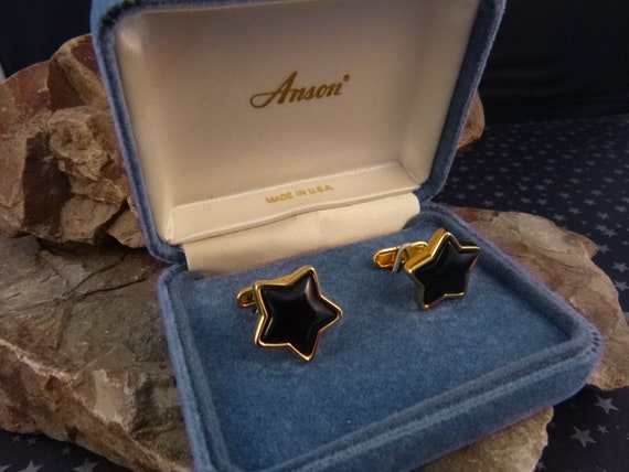 Star Cuff Links | Vintage Black Onyx Star Cuff Links in Original Box | Anson