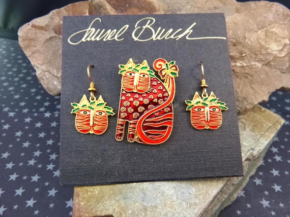 Cat Lover? Laurel Burch 1993 “Festive Feline” Rare Find Set | Christmas Cat Vintage Brooch and Earrings Set | Cloisonne Enamel Style