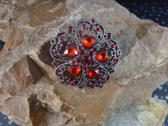 Victorian Revival Heart Brooch | Vintage Red Crystal and Rhinestone Napier Red Hearts Pin